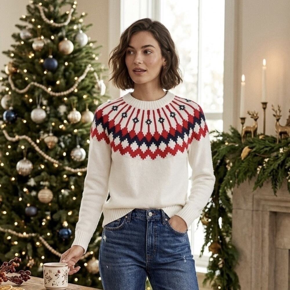 J. Crew Cotton Knit Graphic Fair Isle Sweater White Red Blue Americana Size XS